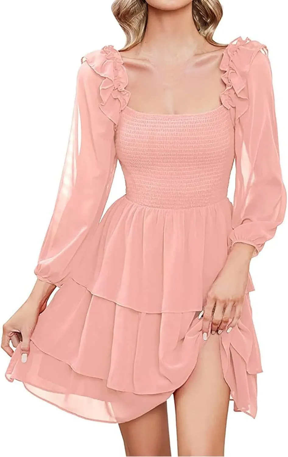 Mini Dresses for Women,Tiered Ruffle Chiffon Midi Dress Summer Long Sleeve Smocked Dress,Elegant Square Neck Dress