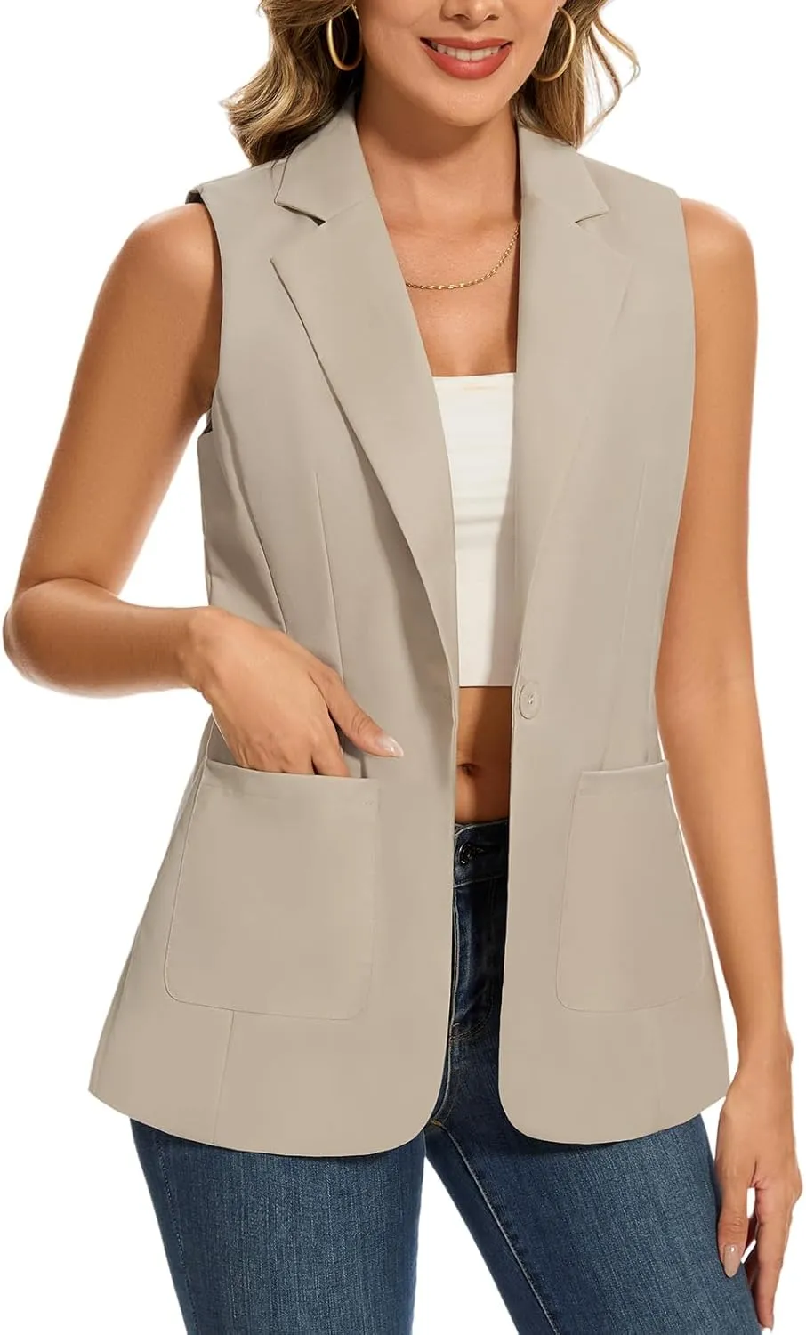 MINTLIMIT Women's Sleeveless Blazer Vest Summer Casual Open Front Lapel Collar Work Office Button Suit Vests with Pockets