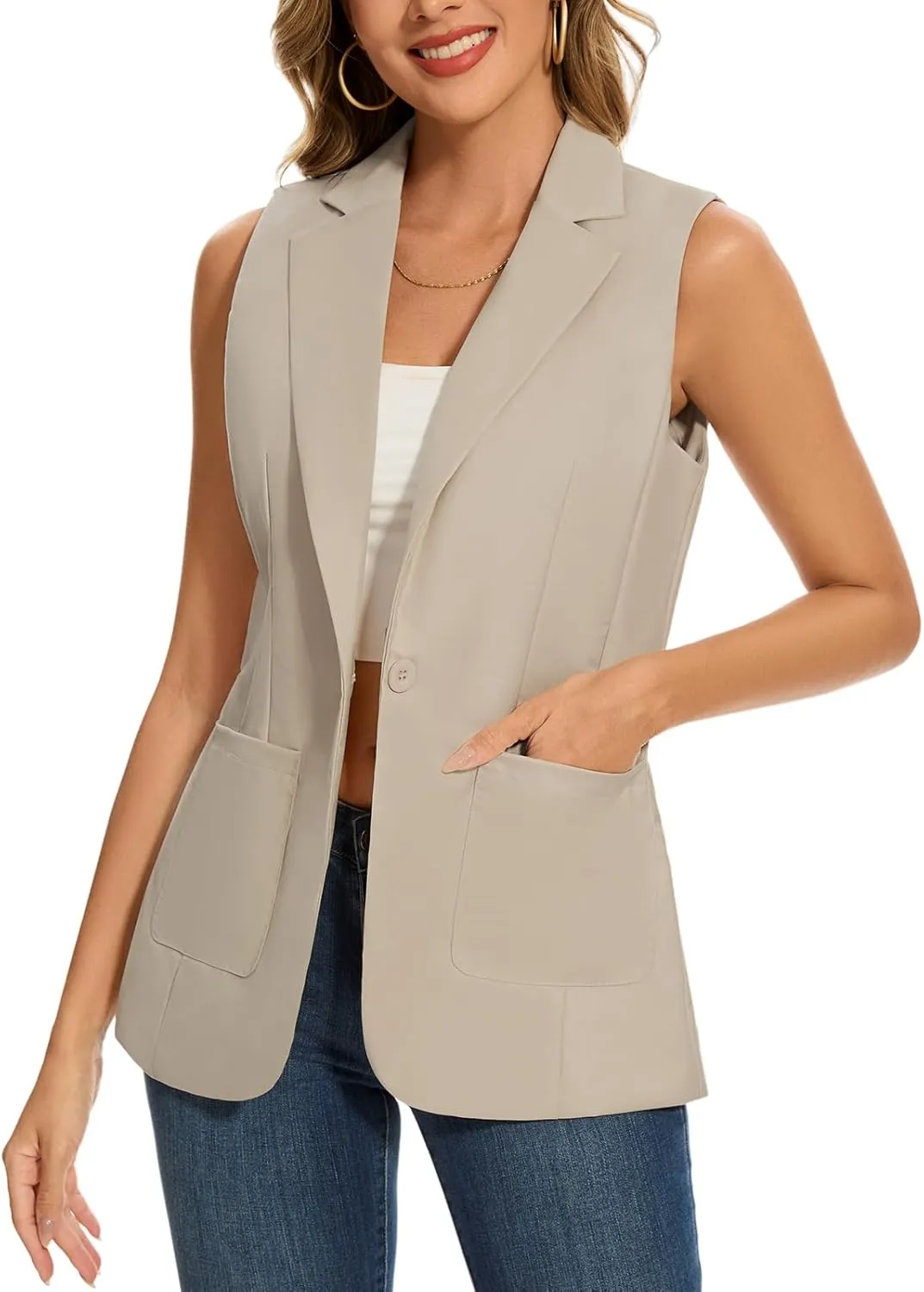 MINTLIMIT Women's Sleeveless Blazer Vest Summer Casual Open Front Lapel Collar Work Office Button Suit Vests with Pockets