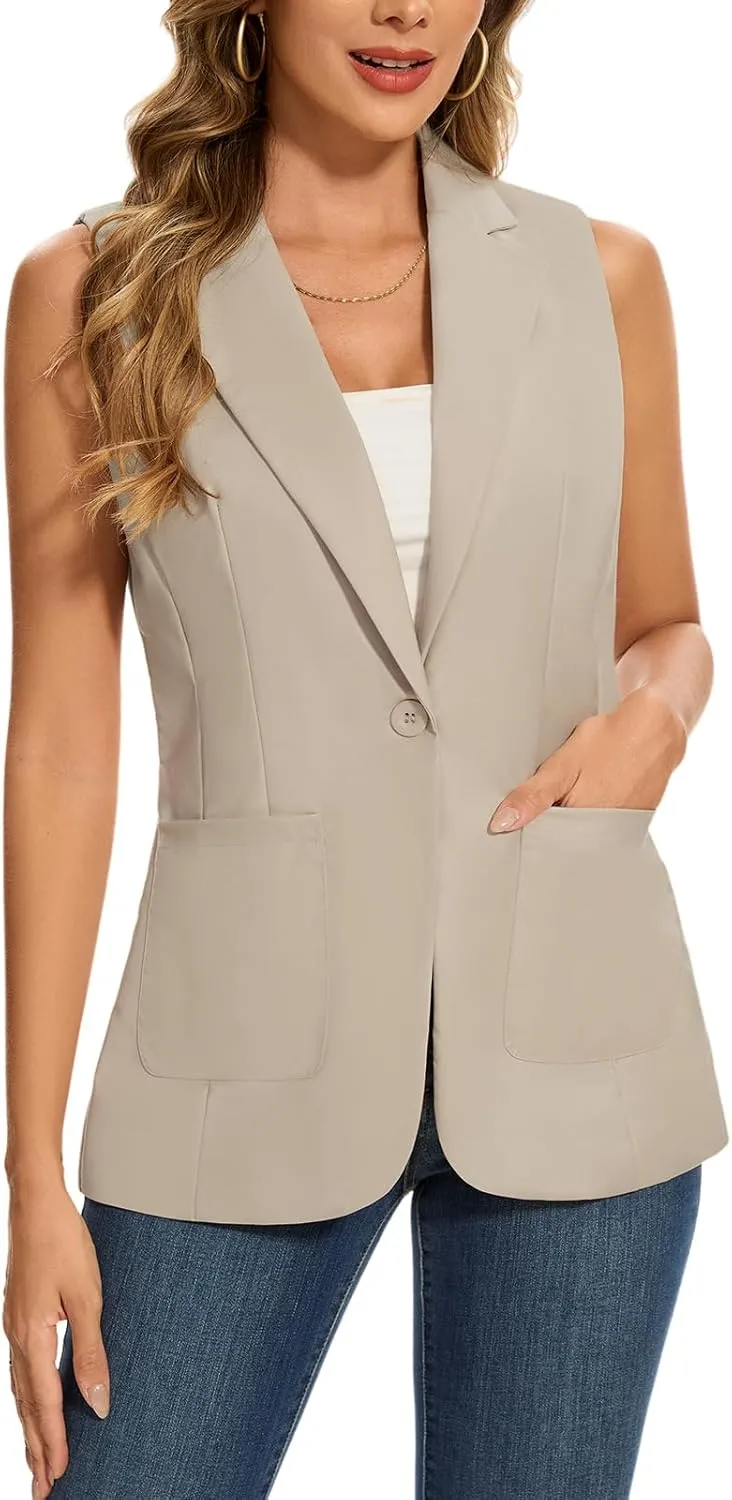 MINTLIMIT Women's Sleeveless Blazer Vest Summer Casual Open Front Lapel Collar Work Office Button Suit Vests with Pockets