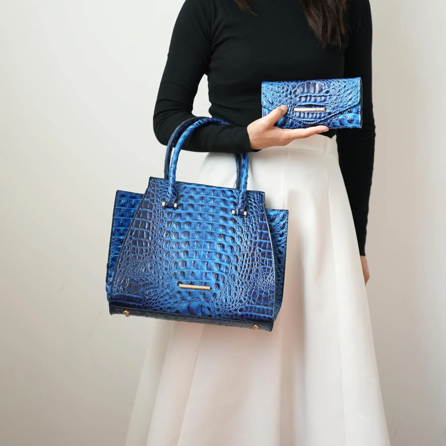 MKF Collection Tote Bag for Women & Wristlet Wallet, Crocodile-Embossed Vegan Leather Top-Handle Handbag Purse Set by Mia k