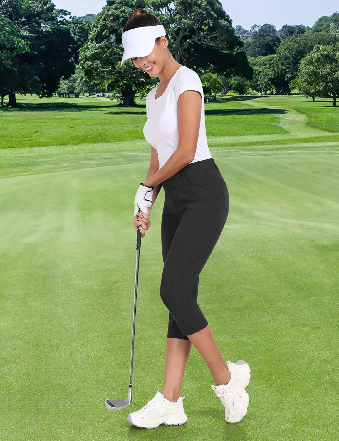 MoFiz Women's Capri Pants Summer Pull-On Stretch Straight Leg Golf Yoga & Business Casual Dressy Cropped Pants with Pockets