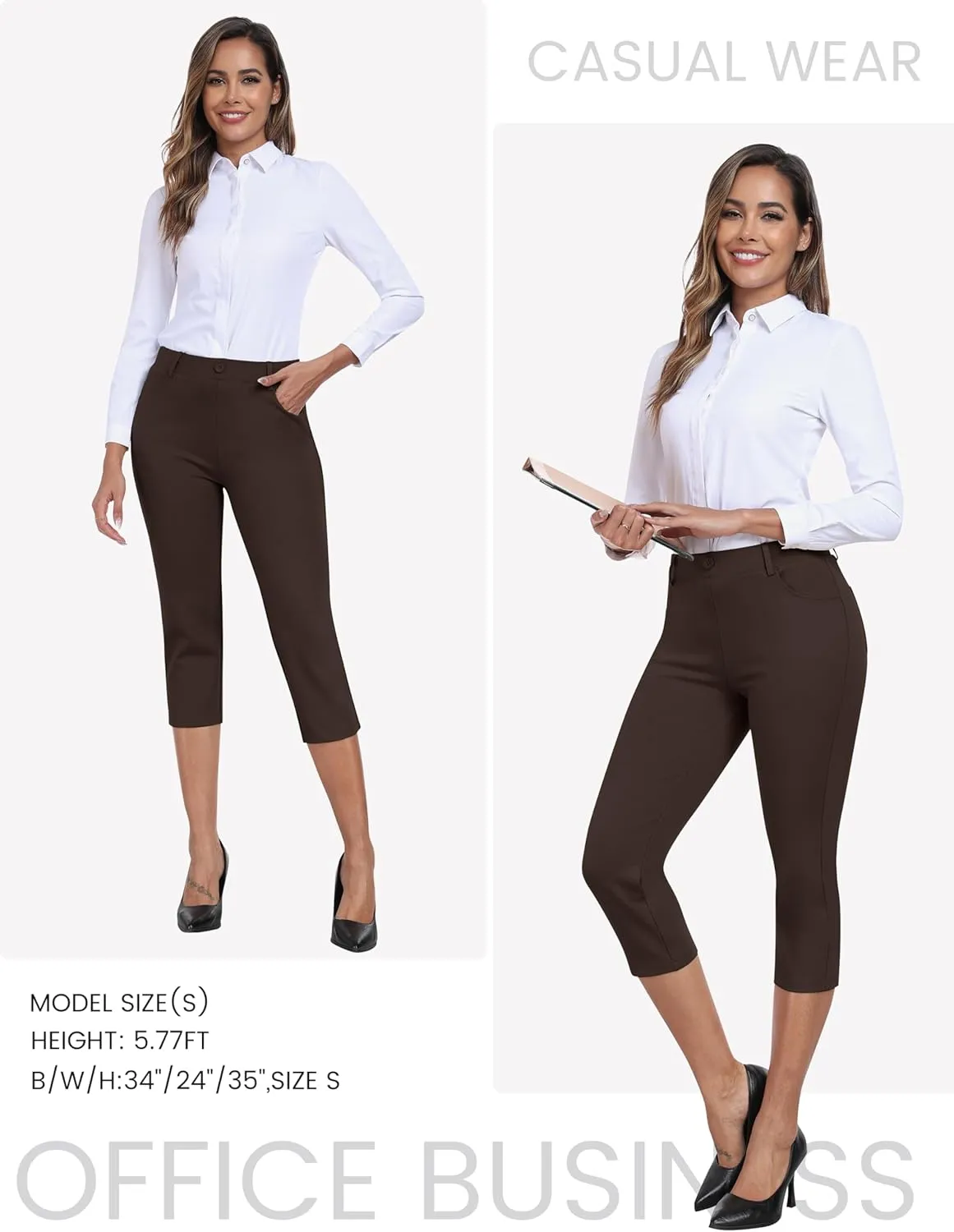 MoFiz Women's Capri Pants Summer Pull-On Stretch Straight Leg Golf Yoga & Business Casual Dressy Cropped Pants with Pockets