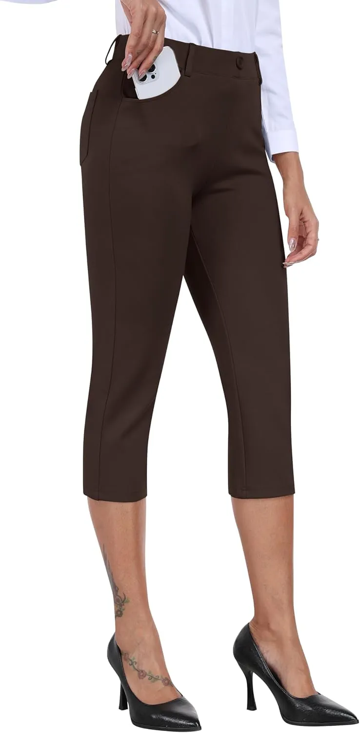 MoFiz Women's Capri Pants Summer Pull-On Stretch Straight Leg Golf Yoga & Business Casual Dressy Cropped Pants with Pockets