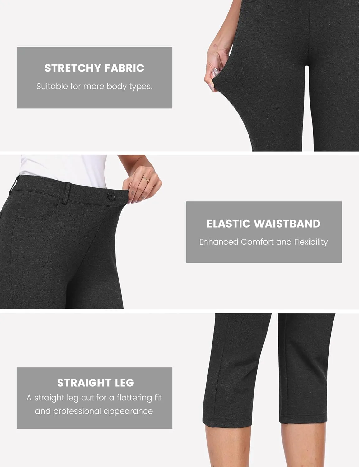 MoFiz Women's Capri Pants Summer Pull-On Stretch Straight Leg Golf Yoga & Business Casual Dressy Cropped Pants with Pockets