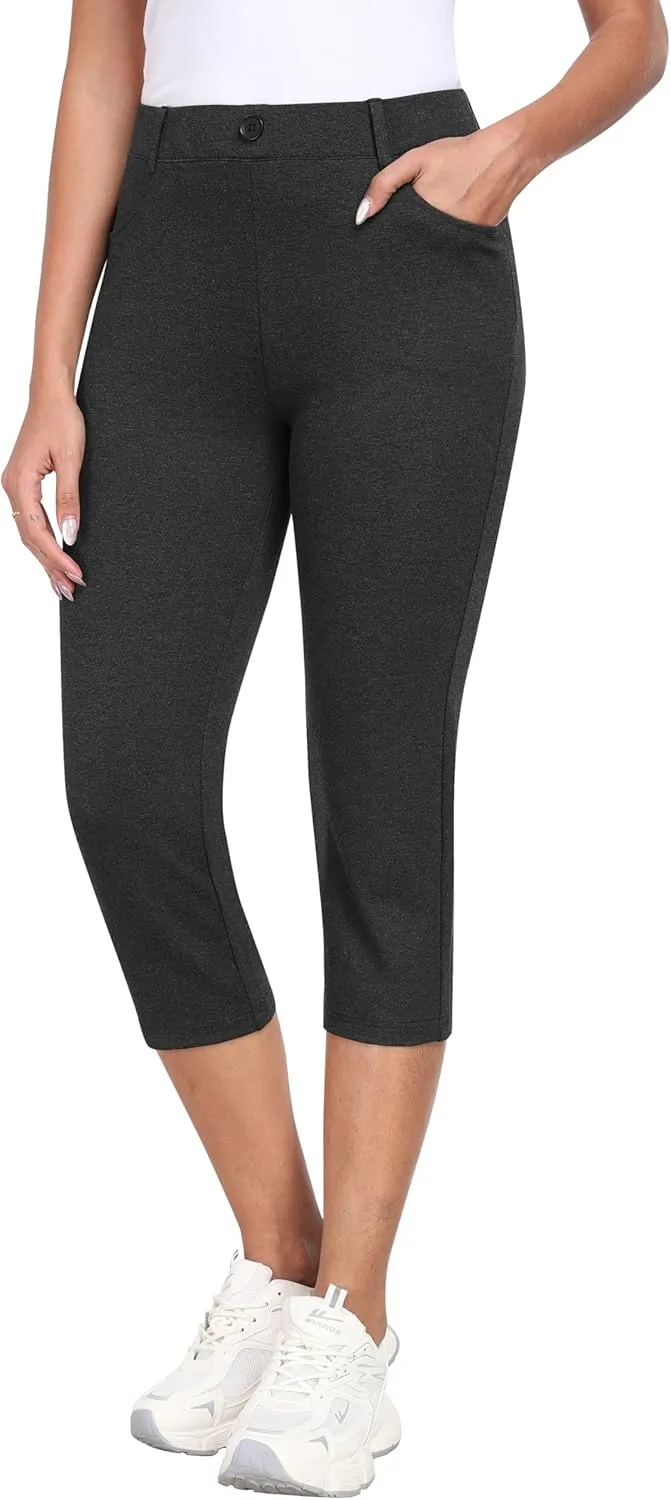 MoFiz Women's Capri Pants Summer Pull-On Stretch Straight Leg Golf Yoga & Business Casual Dressy Cropped Pants with Pockets