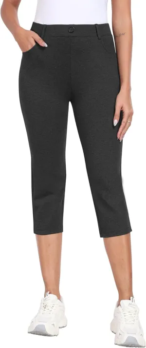 MoFiz Women's Capri Pants Summer Pull-On Stretch Straight Leg Golf Yoga & Business Casual Dressy Cropped Pants with Pockets