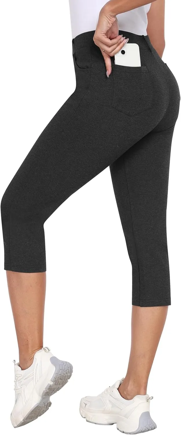 MoFiz Women's Capri Pants Summer Pull-On Stretch Straight Leg Golf Yoga & Business Casual Dressy Cropped Pants with Pockets