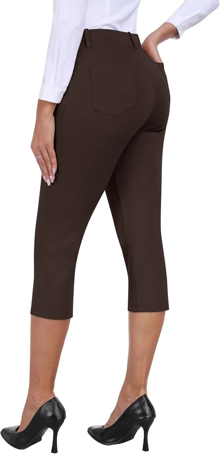 MoFiz Women's Capri Pants Summer Pull-On Stretch Straight Leg Golf Yoga & Business Casual Dressy Cropped Pants with Pockets