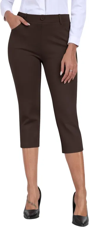 MoFiz Women's Capri Pants Summer Pull-On Stretch Straight Leg Golf Yoga & Business Casual Dressy Cropped Pants with Pockets