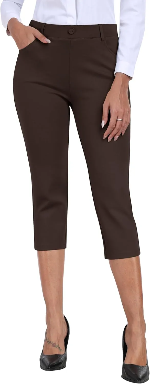 MoFiz Women's Capri Pants Summer Pull-On Stretch Straight Leg Golf Yoga & Business Casual Dressy Cropped Pants with Pockets
