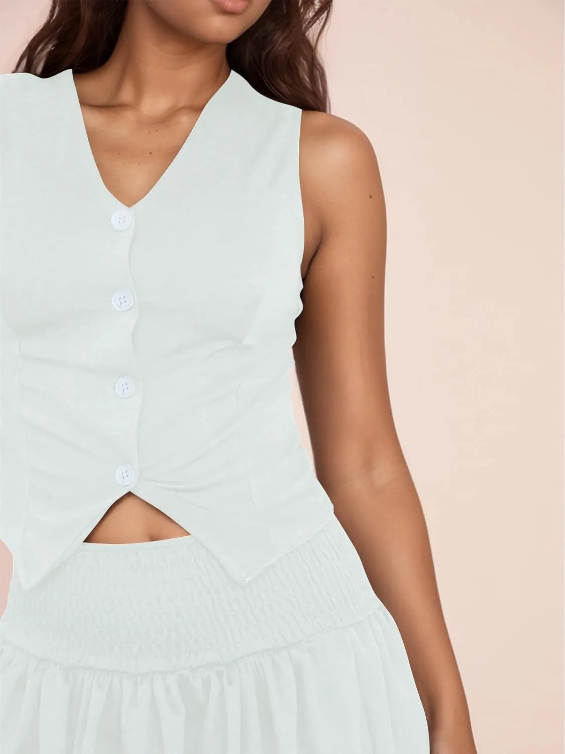 Mojessy Women's Summer 2 Piece Outfits Sleeveless Matching Sets Button Down V Neck Vest and Bubble Skirt