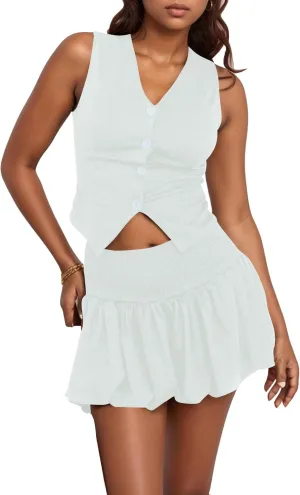 Mojessy Women's Summer 2 Piece Outfits Sleeveless Matching Sets Button Down V Neck Vest and Bubble Skirt