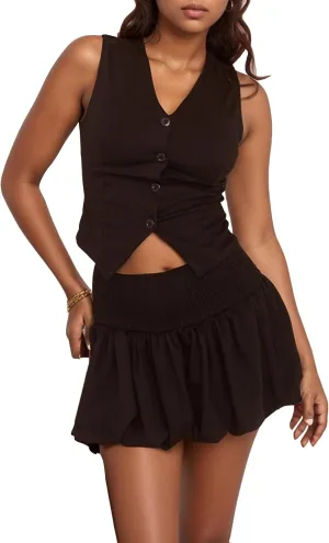 Mojessy Women's Summer 2 Piece Outfits Sleeveless Matching Sets Button Down V Neck Vest and Bubble Skirt