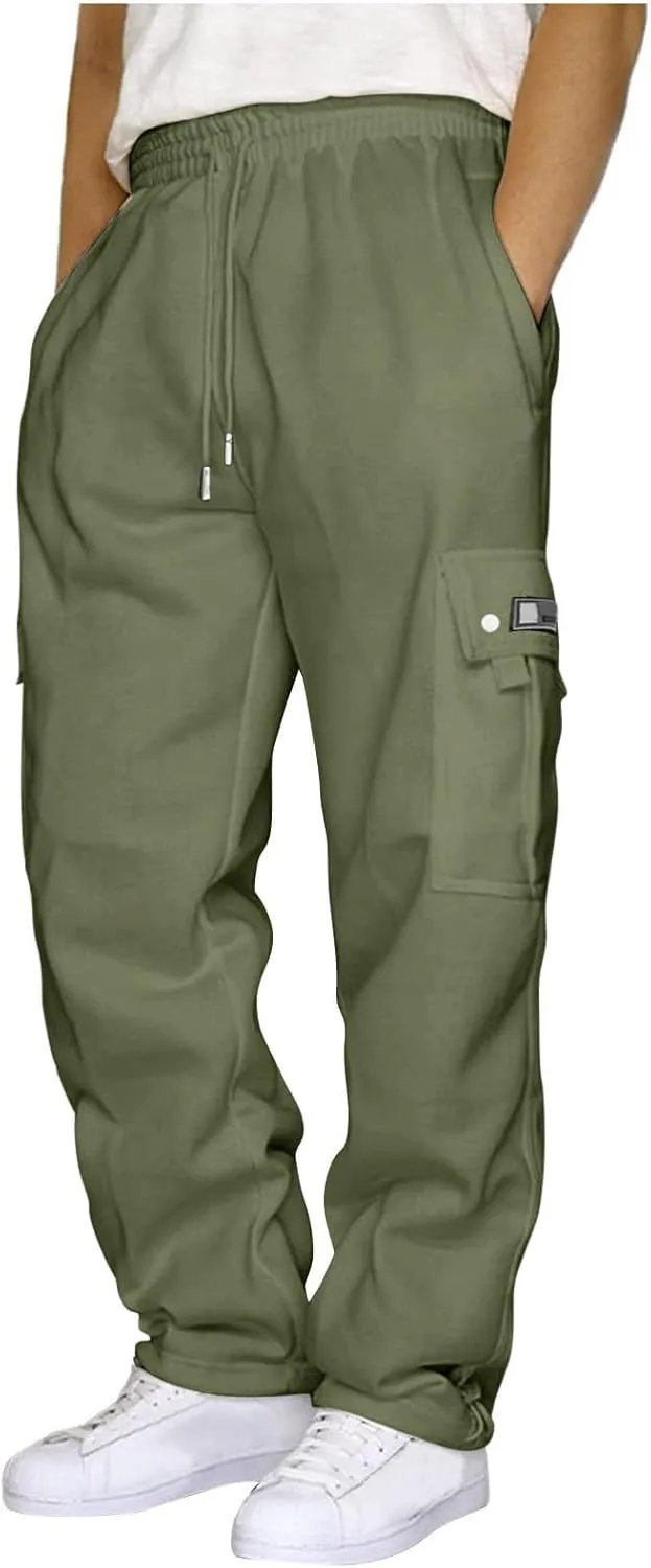 Muscularfit Mens Pants Straight Fit Solid Drawstring Stretch Waist Loose Straight Sweatpant Causal Fall Jogger Athletic Pants