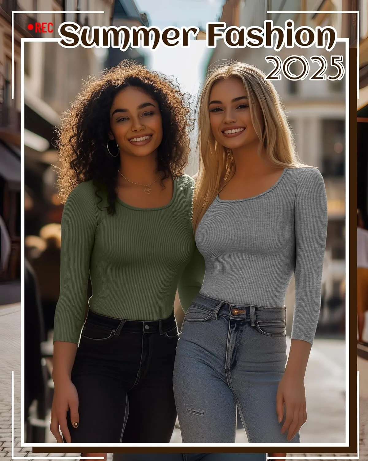 Neer 3 Pack 3/4 Sleeve Tops for Women, Cotton Scoop Neck Ribbed Three Quarter Sleeve Summer Slim T-Shirts Casual Basic Tees