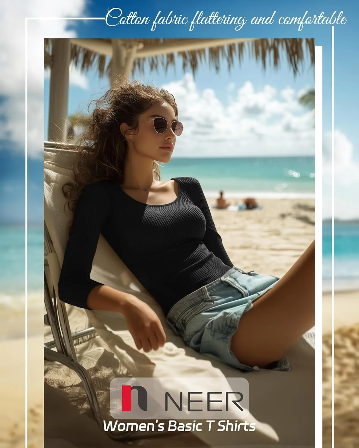 Neer 3 Pack 3/4 Sleeve Tops for Women, Cotton Scoop Neck Ribbed Three Quarter Sleeve Summer Slim T-Shirts Casual Basic Tees