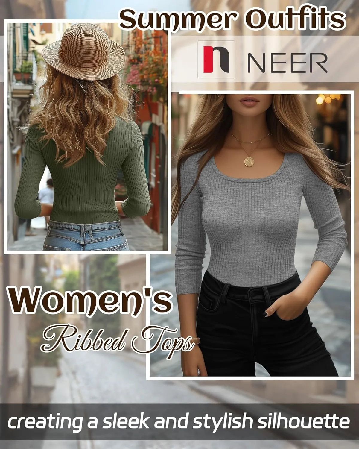Neer 3 Pack 3/4 Sleeve Tops for Women, Cotton Scoop Neck Ribbed Three Quarter Sleeve Summer Slim T-Shirts Casual Basic Tees