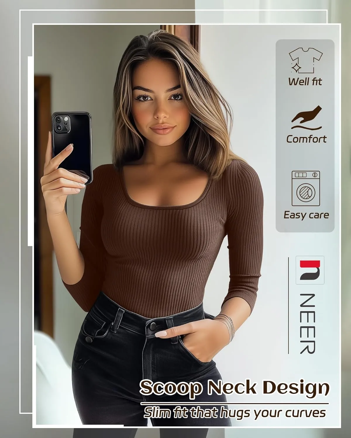 Neer 3 Pack 3/4 Sleeve Tops for Women, Cotton Scoop Neck Ribbed Three Quarter Sleeve Summer Slim T-Shirts Casual Basic Tees