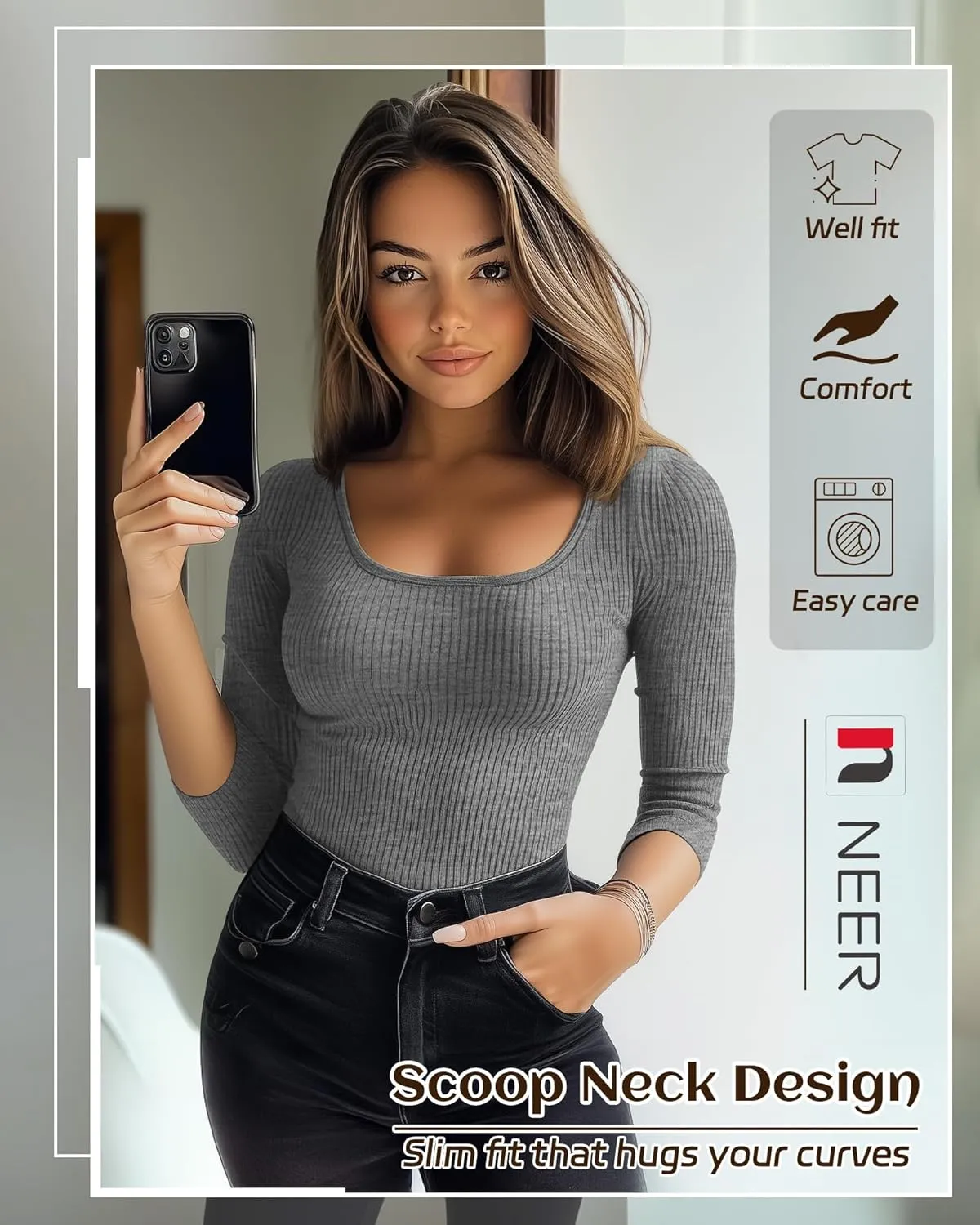 Neer 3 Pack 3/4 Sleeve Tops for Women, Cotton Scoop Neck Ribbed Three Quarter Sleeve Summer Slim T-Shirts Casual Basic Tees
