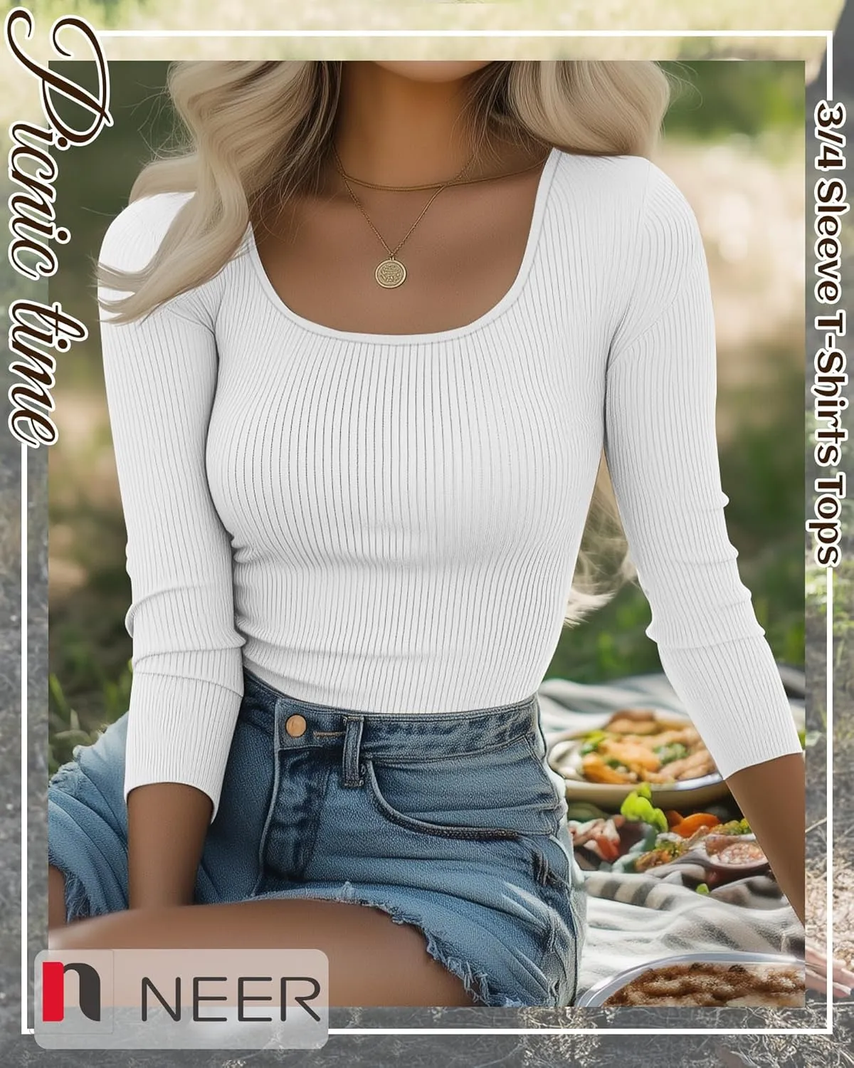 Neer 3 Pack 3/4 Sleeve Tops for Women, Cotton Scoop Neck Ribbed Three Quarter Sleeve Summer Slim T-Shirts Casual Basic Tees
