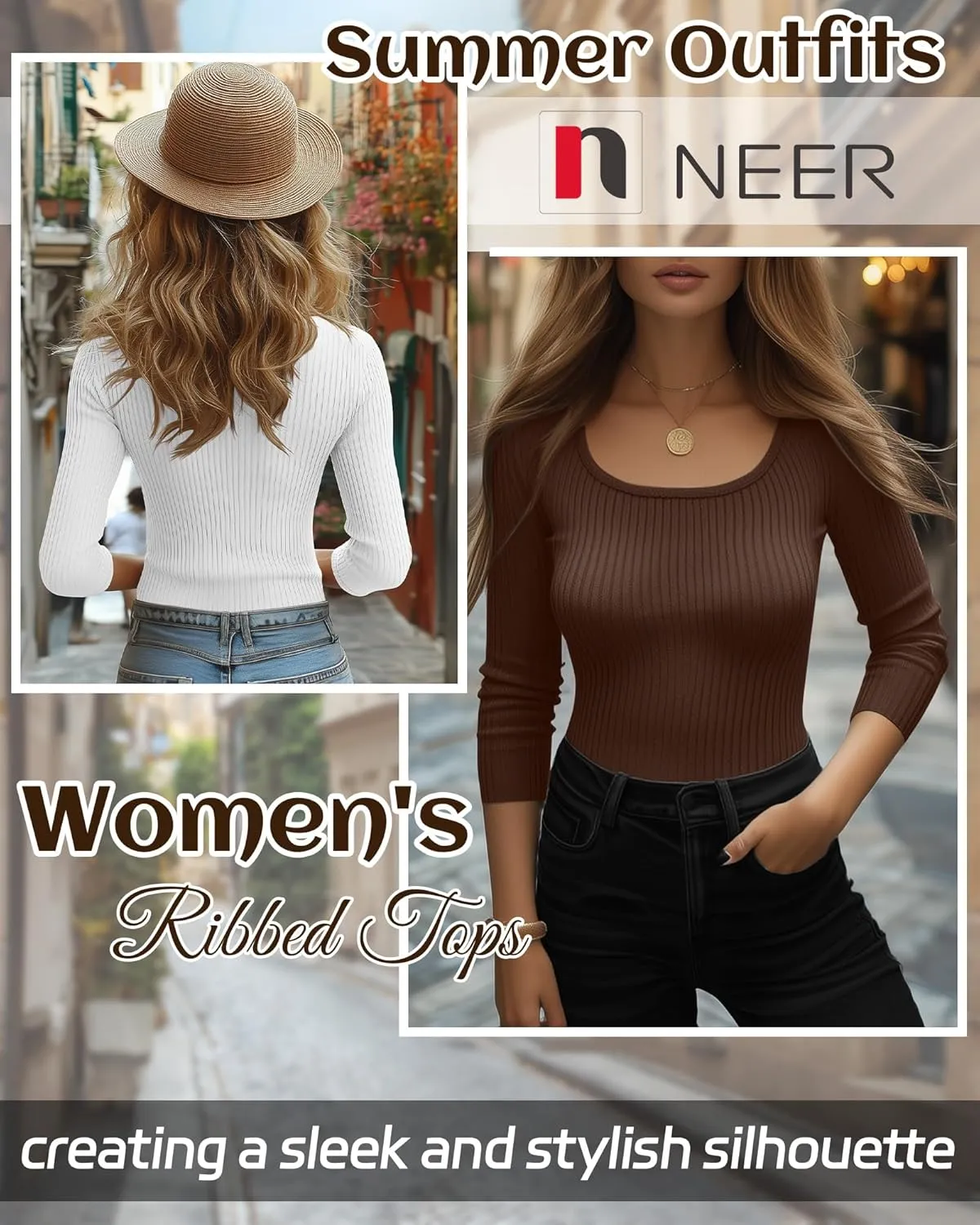 Neer 3 Pack 3/4 Sleeve Tops for Women, Cotton Scoop Neck Ribbed Three Quarter Sleeve Summer Slim T-Shirts Casual Basic Tees