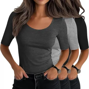 Neer 3 Pack Women's Scoop Neck Stretchy Tops Cotton Half Sleeve Slim Fitted T-Shirts Tight Casual Basic Summer Tees