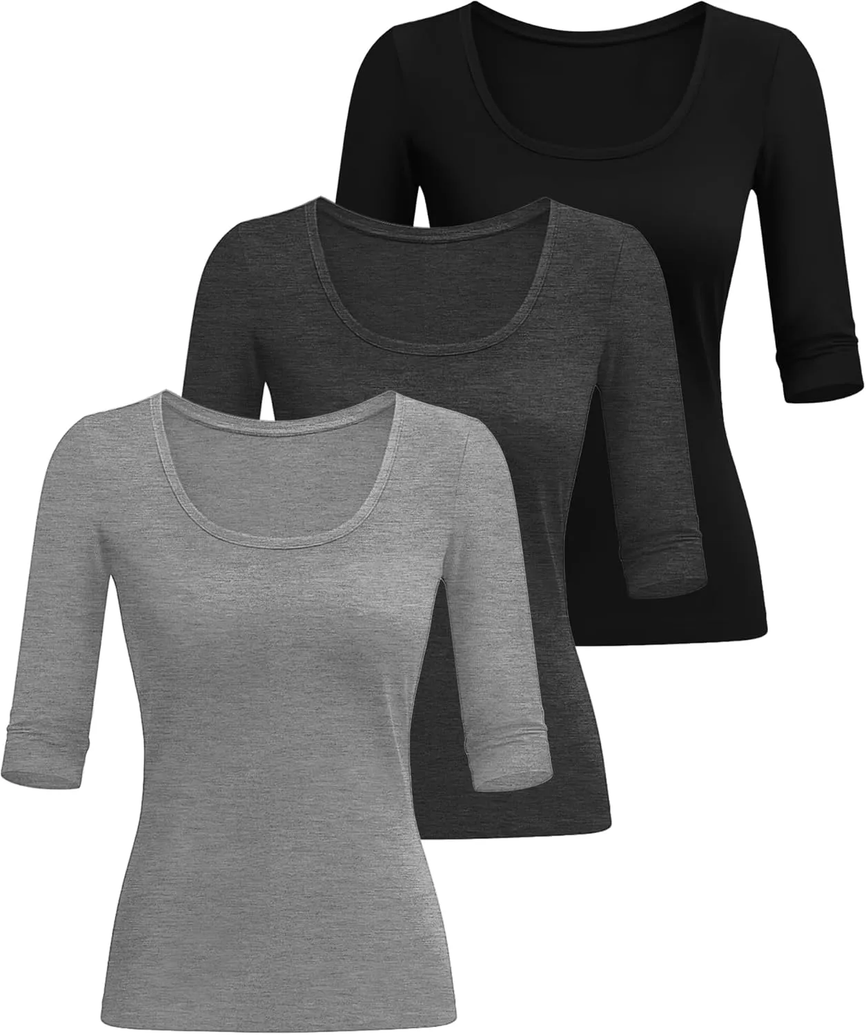 Neer 3 Pack Women's Scoop Neck Stretchy Tops Cotton Half Sleeve Slim Fitted T-Shirts Tight Casual Basic Summer Tees