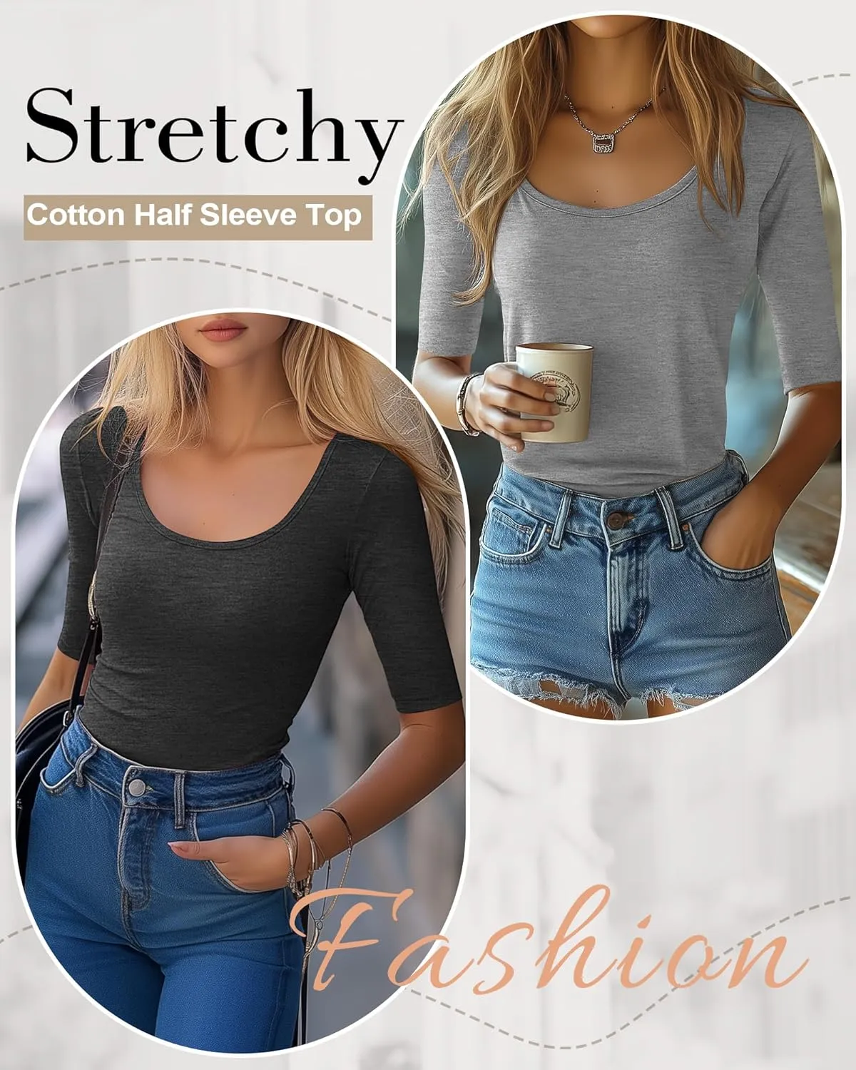 Neer 3 Pack Women's Scoop Neck Stretchy Tops Cotton Half Sleeve Slim Fitted T-Shirts Tight Casual Basic Summer Tees
