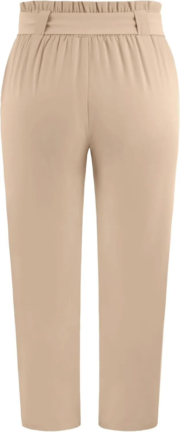 NIeyook Women's Pants Casual Paper Bag Pants Elastic High Waist Tie Plus Size Pants for Women with Pockets