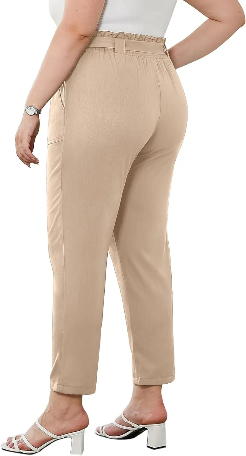 NIeyook Women's Pants Casual Paper Bag Pants Elastic High Waist Tie Plus Size Pants for Women with Pockets