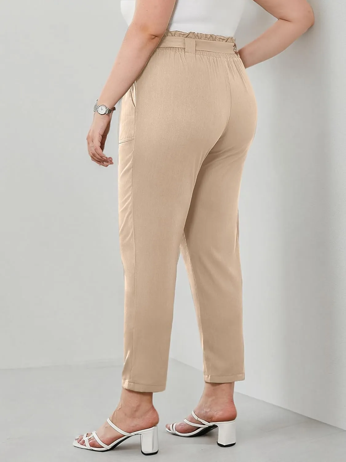 NIeyook Women's Pants Casual Paper Bag Pants Elastic High Waist Tie Plus Size Pants for Women with Pockets