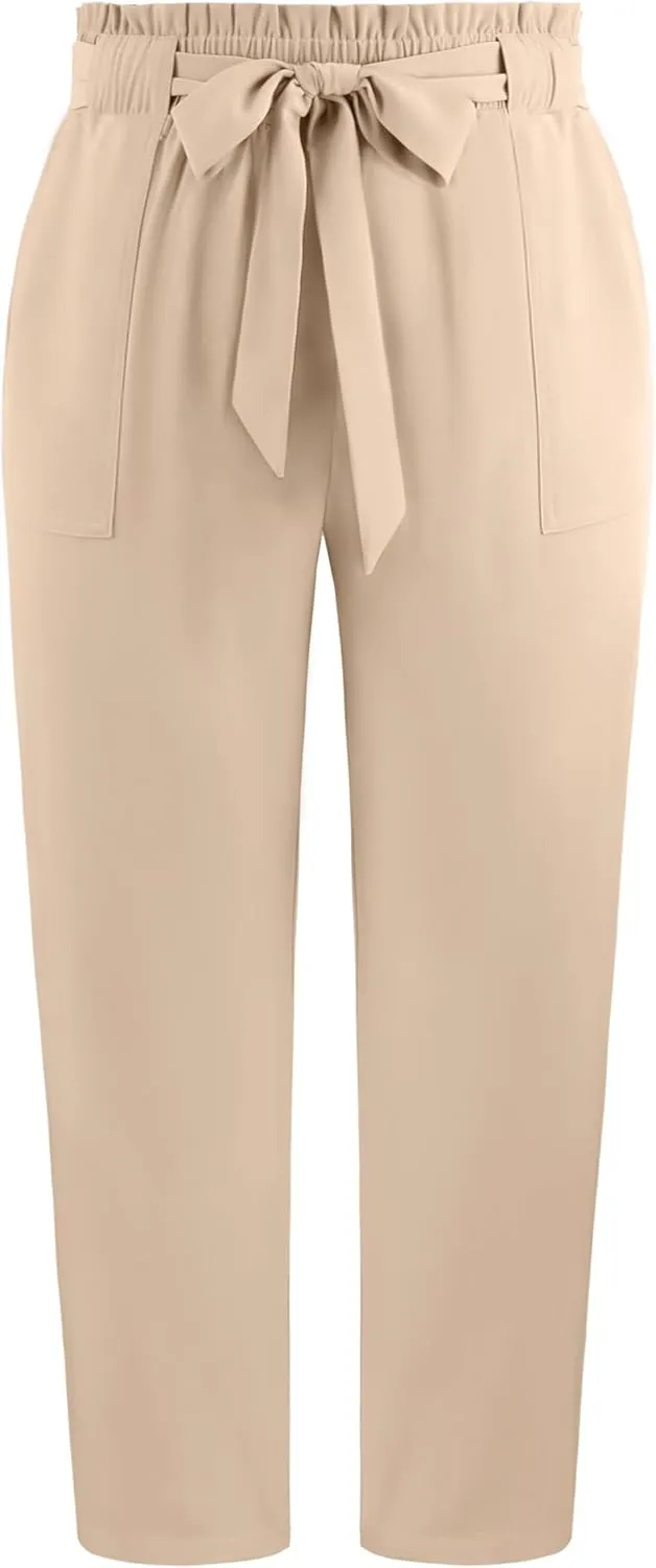 NIeyook Women's Pants Casual Paper Bag Pants Elastic High Waist Tie Plus Size Pants for Women with Pockets