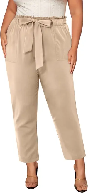 NIeyook Women's Pants Casual Paper Bag Pants Elastic High Waist Tie Plus Size Pants for Women with Pockets