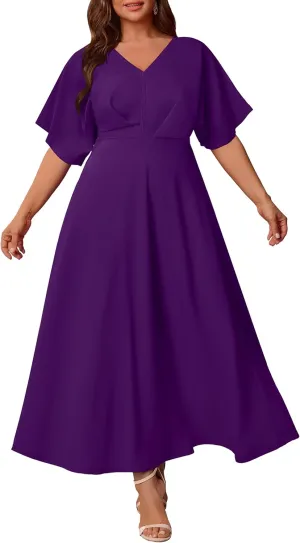Nmoder Plus Size Maxi Dress for Women Wedding Guest Casual Wrap Summer Dresses A Line Flowy V Neck Short Sleeve