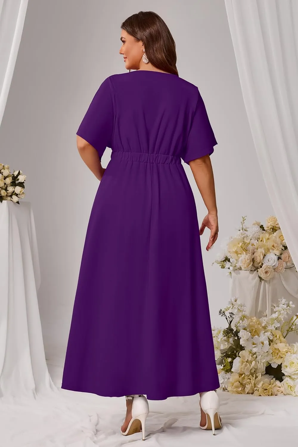 Nmoder Plus Size Maxi Dress for Women Wedding Guest Casual Wrap Summer Dresses A Line Flowy V Neck Short Sleeve