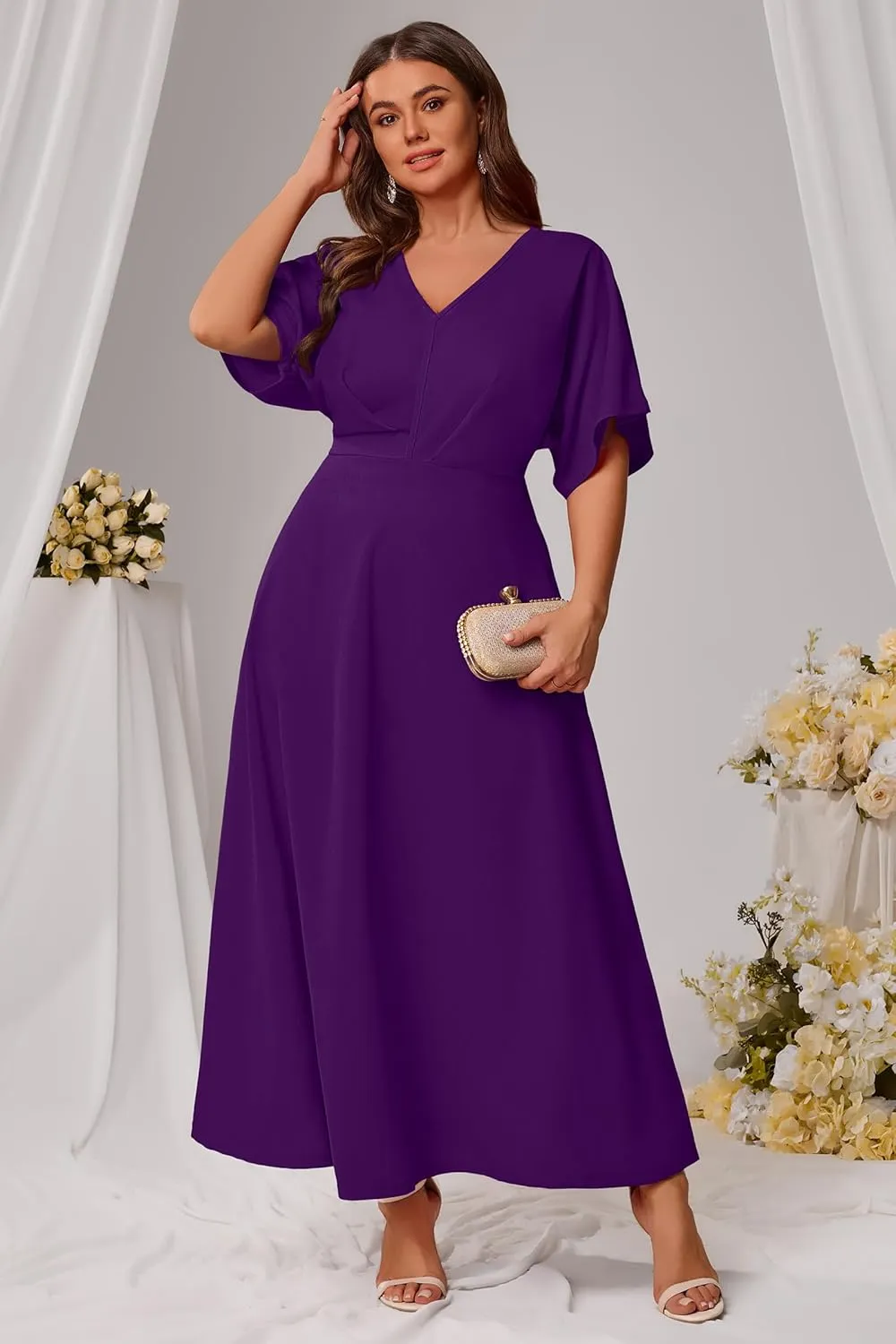Nmoder Plus Size Maxi Dress for Women Wedding Guest Casual Wrap Summer Dresses A Line Flowy V Neck Short Sleeve
