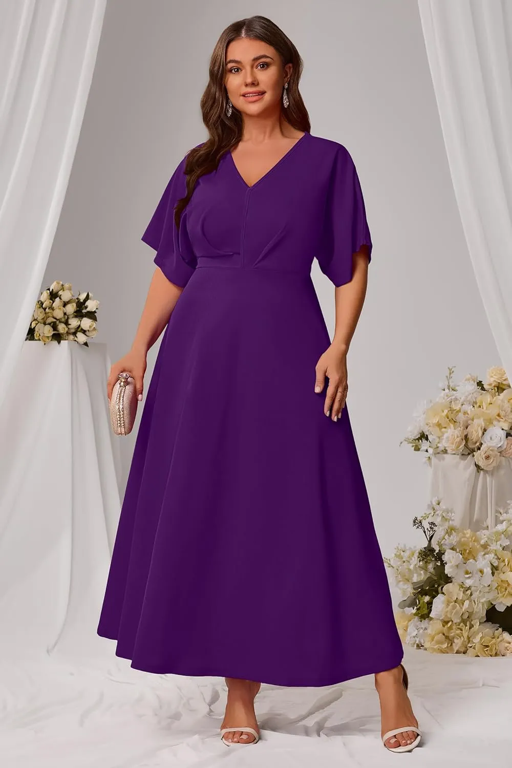 Nmoder Plus Size Maxi Dress for Women Wedding Guest Casual Wrap Summer Dresses A Line Flowy V Neck Short Sleeve