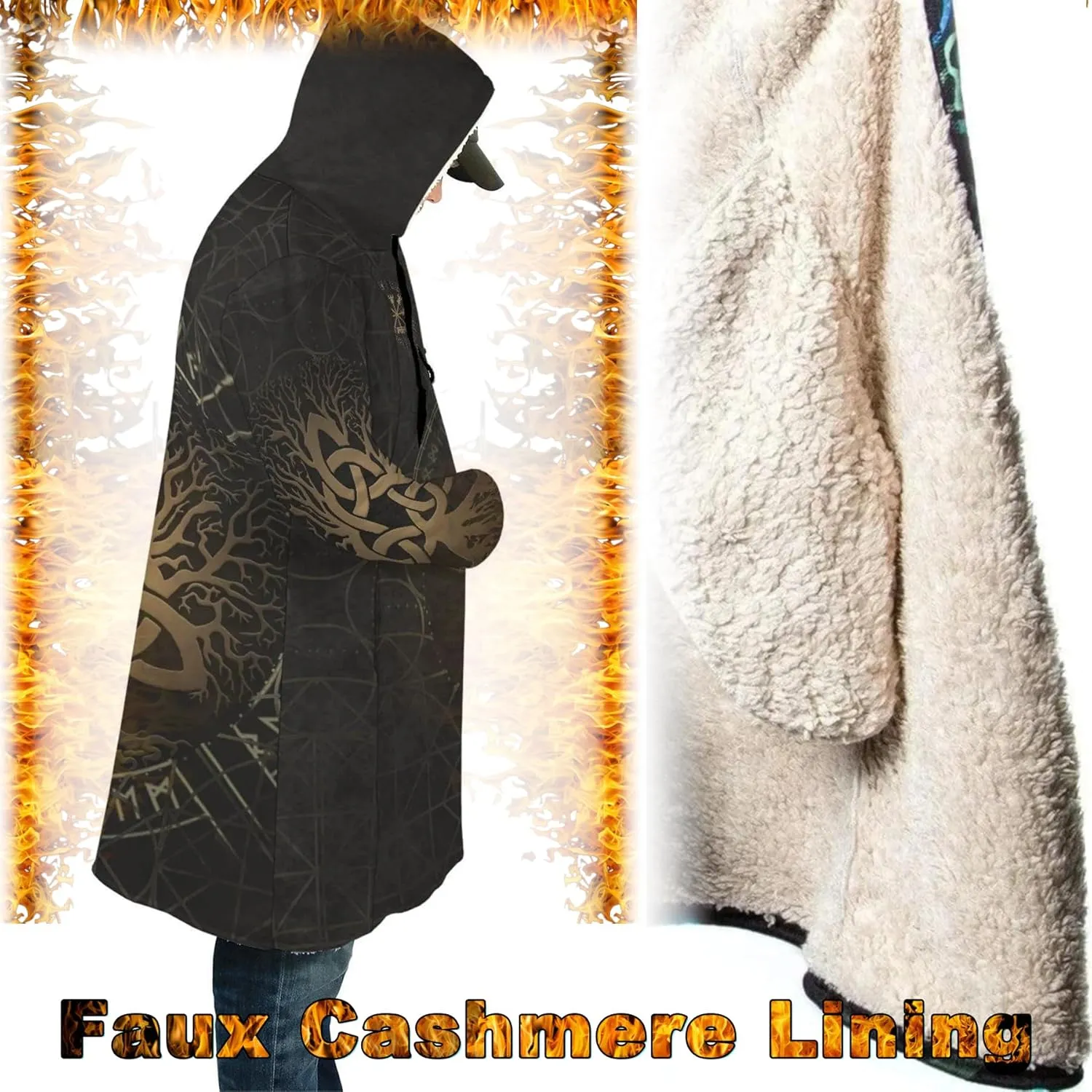 Norse Myth Nine Realms Winter Coats for Men Plus Size Viking Runes Fuzzy Soft Faux Cashmere Hooded Cloak, Parka Robe