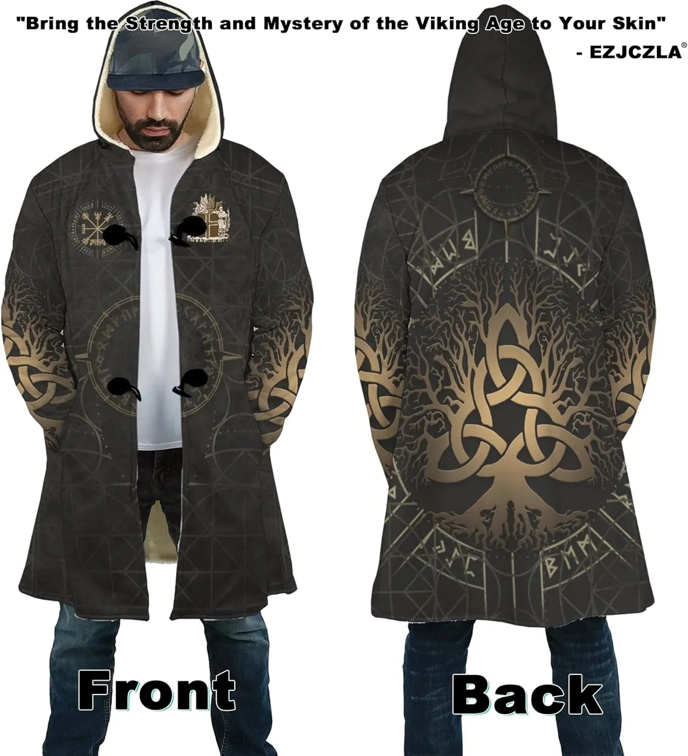 Norse Myth Nine Realms Winter Coats for Men Plus Size Viking Runes Fuzzy Soft Faux Cashmere Hooded Cloak, Parka Robe