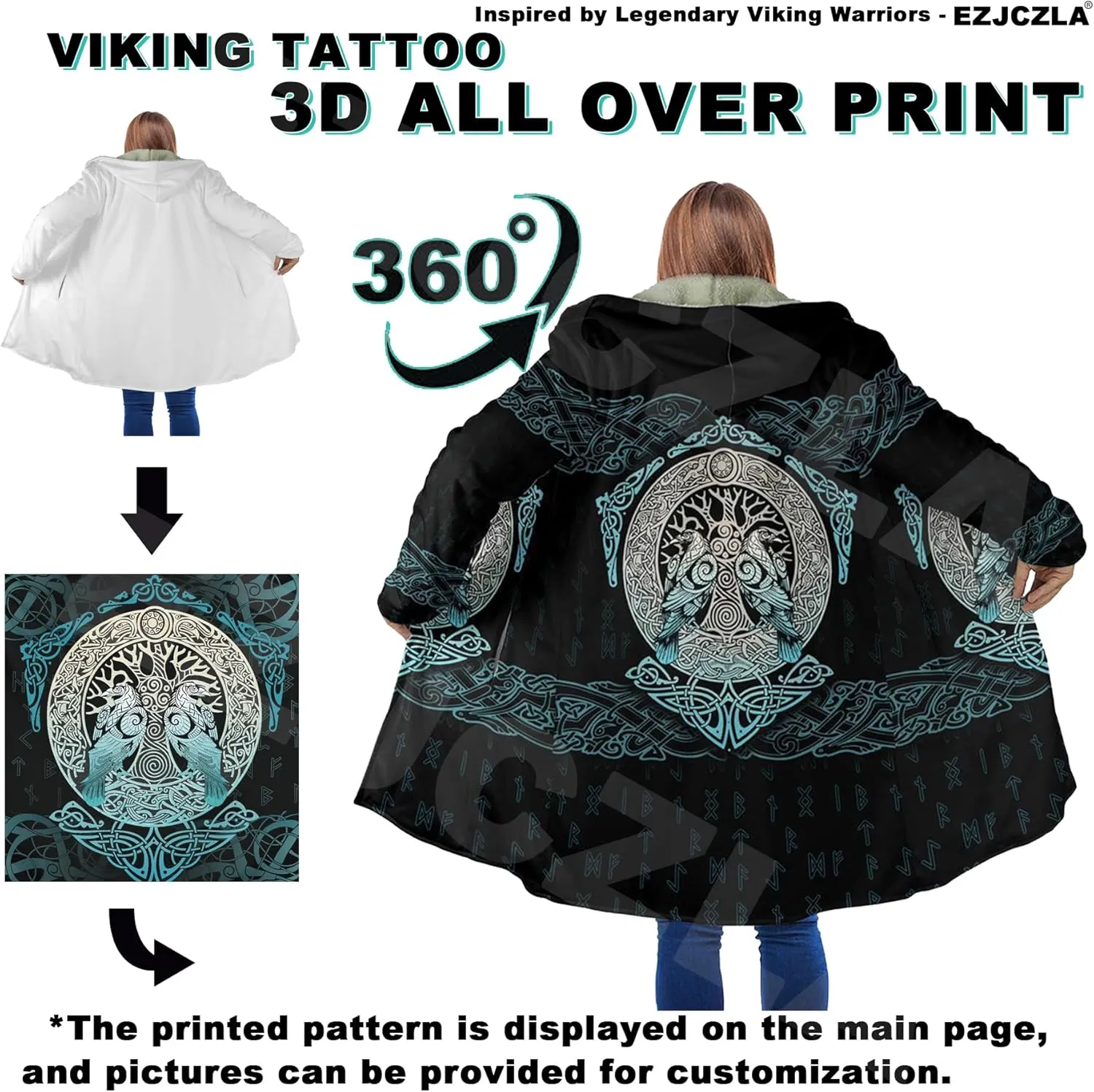 Norse Myth Nine Realms Winter Coats for Men Plus Size Viking Runes Fuzzy Soft Faux Cashmere Hooded Cloak, Parka Robe