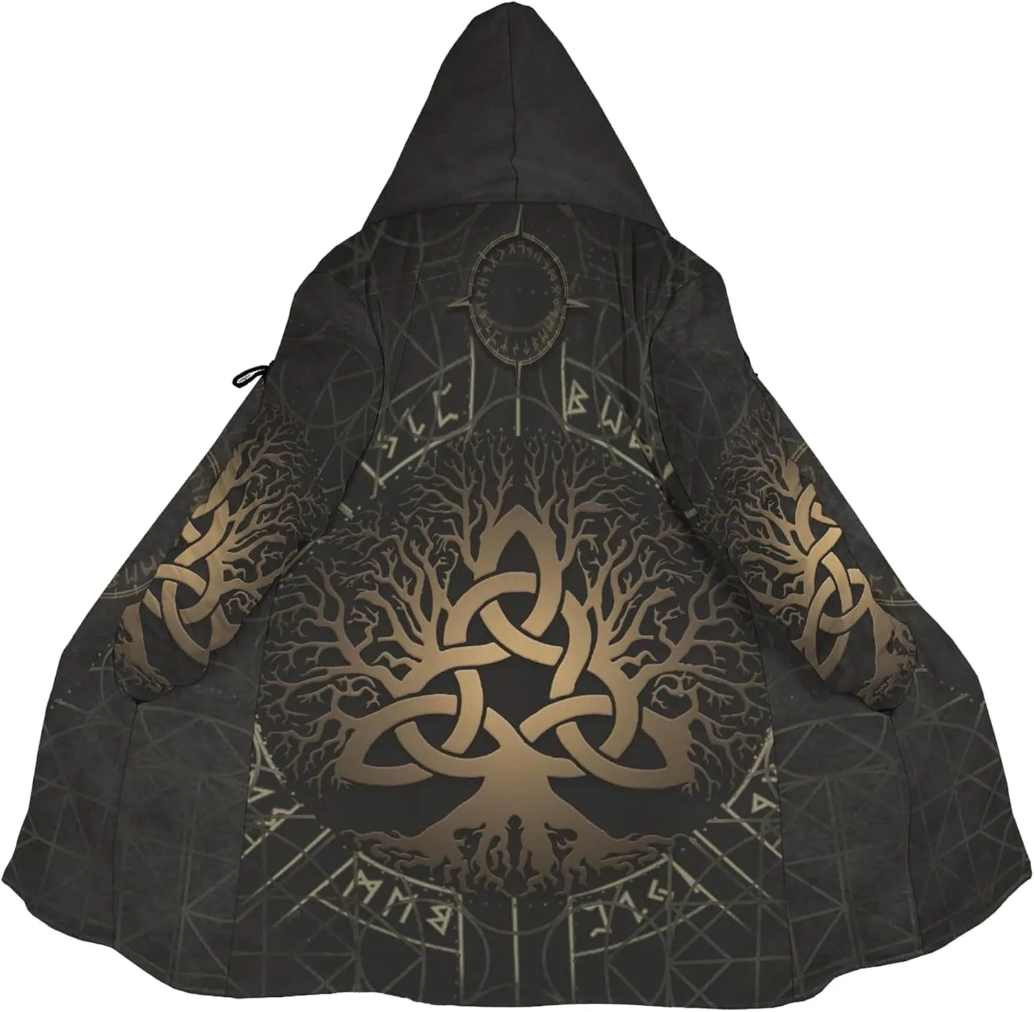 Norse Myth Nine Realms Winter Coats for Men Plus Size Viking Runes Fuzzy Soft Faux Cashmere Hooded Cloak, Parka Robe