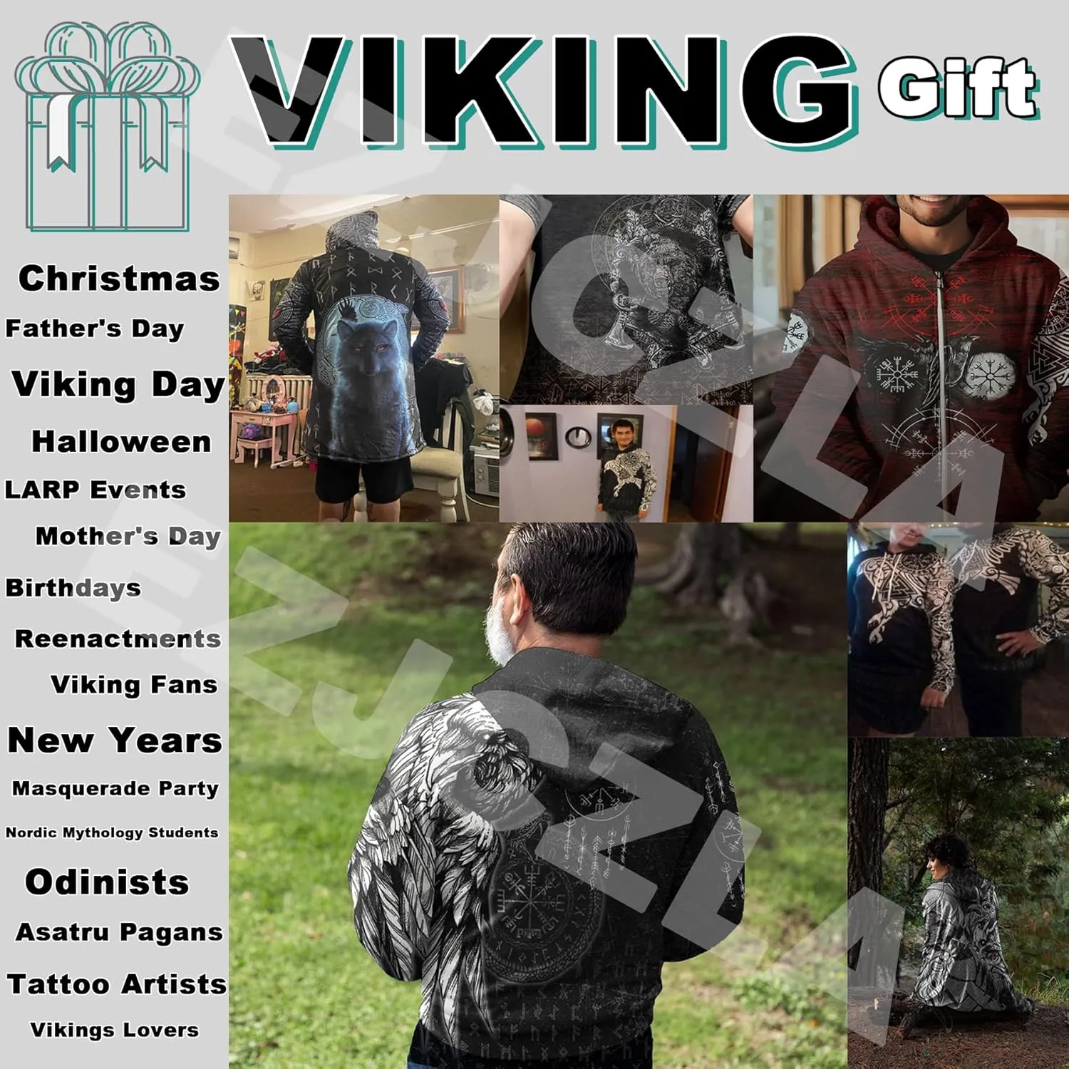 Norse Myth Nine Realms Winter Coats for Men Plus Size Viking Runes Fuzzy Soft Faux Cashmere Hooded Cloak, Parka Robe
