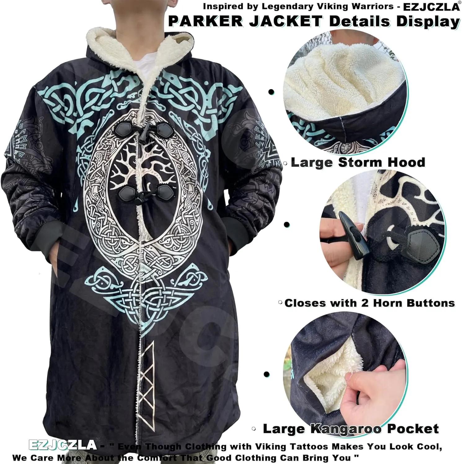 Norse Myth Nine Realms Winter Coats for Men Plus Size Viking Runes Fuzzy Soft Faux Cashmere Hooded Cloak, Parka Robe