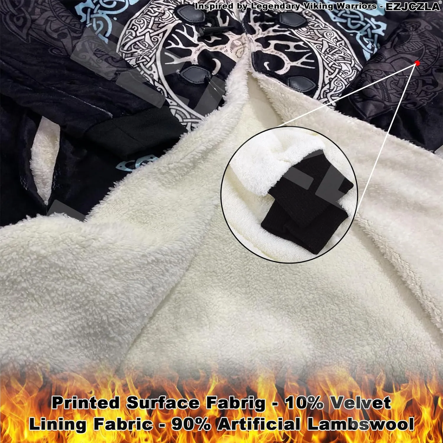 Norse Myth Nine Realms Winter Coats for Men Plus Size Viking Runes Fuzzy Soft Faux Cashmere Hooded Cloak, Parka Robe