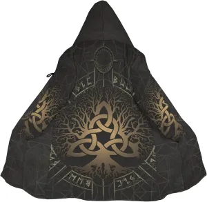 Norse Myth Nine Realms Winter Coats for Men Plus Size Viking Runes Fuzzy Soft Faux Cashmere Hooded Cloak, Parka Robe