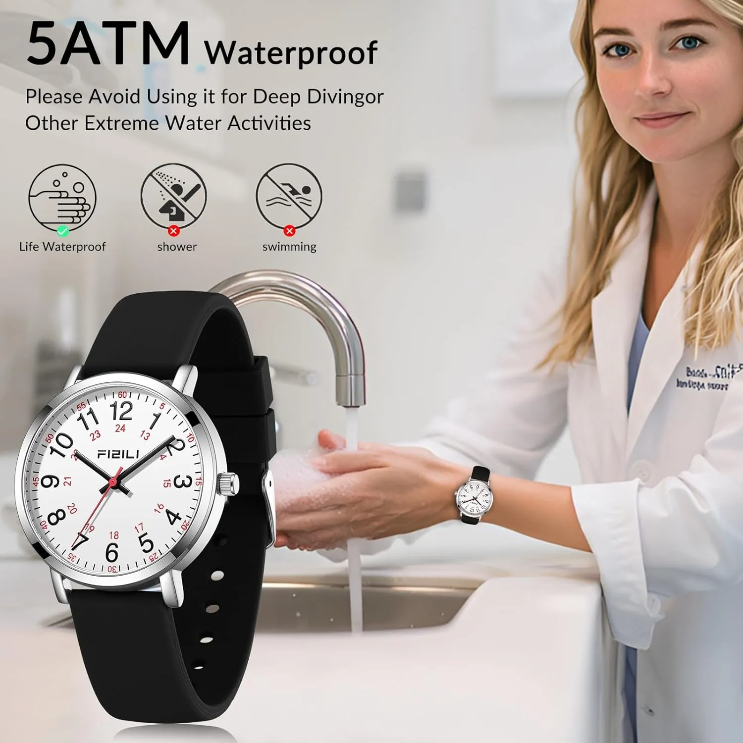Nurse Watch for Medical Professionals Students Doctors Women Men - Waterproof Military Time Luminous Easy Read Dial, 24 Hour with Second Hand, Silicone Band Watches