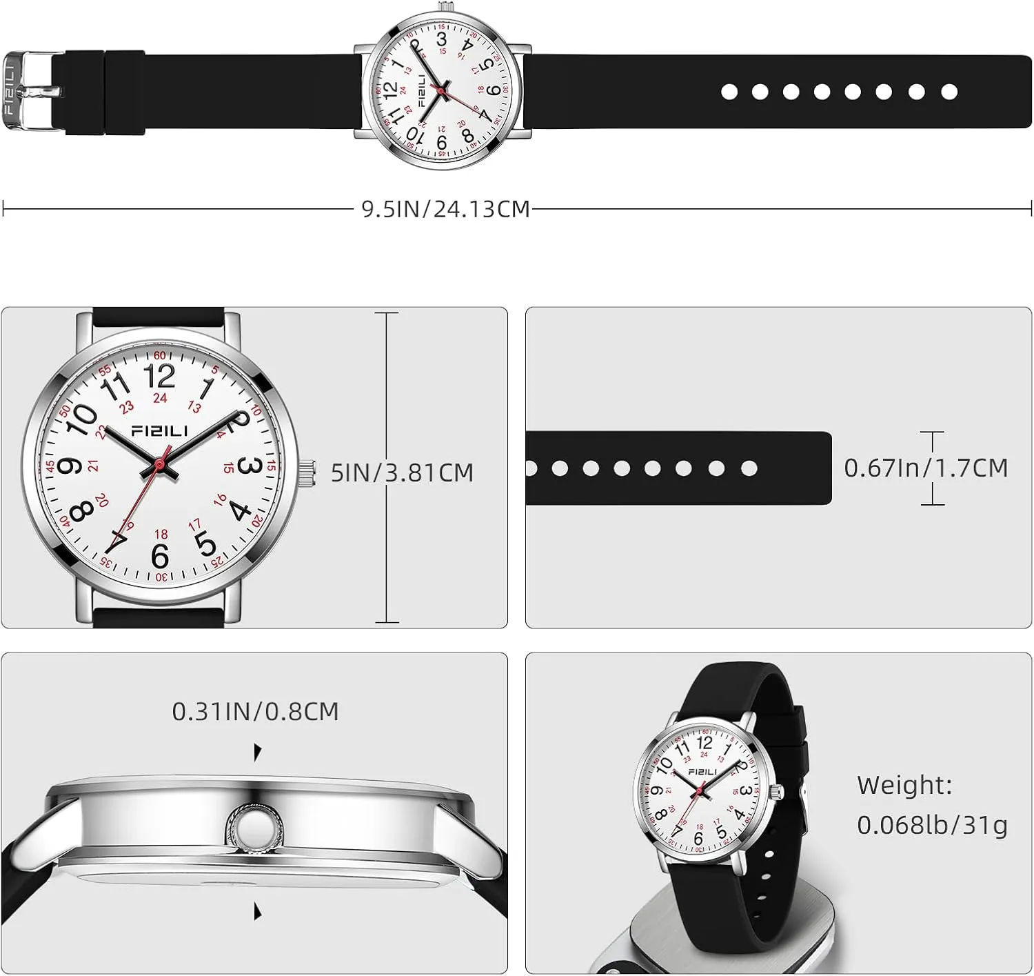 Nurse Watch for Medical Professionals Students Doctors Women Men - Waterproof Military Time Luminous Easy Read Dial, 24 Hour with Second Hand, Silicone Band Watches