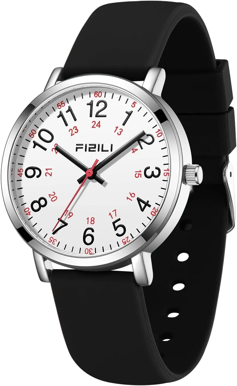 Nurse Watch for Medical Professionals Students Doctors Women Men - Waterproof Military Time Luminous Easy Read Dial, 24 Hour with Second Hand, Silicone Band Watches
