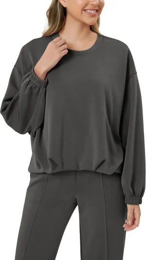 ODODOS Women's Modal Soft Bubble Hem Sweatshirts Long Sleeve Oversized Top Crew Neck Casual Pullover